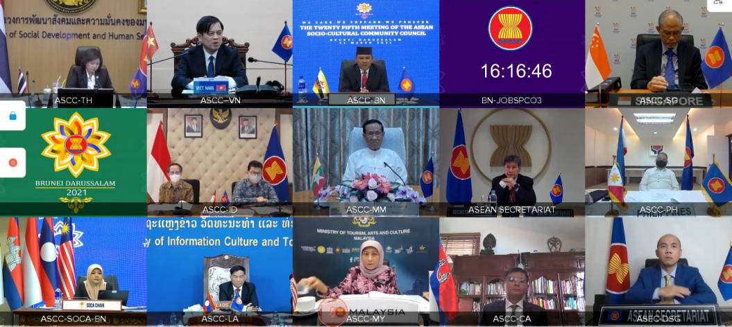 Video conference grid of ASEAN Social-Cultural Community Council members.